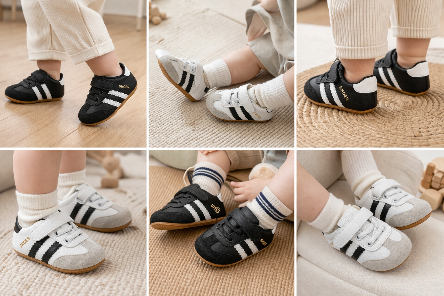 Baby wearing Cradlora classic retro sneakers in black and white