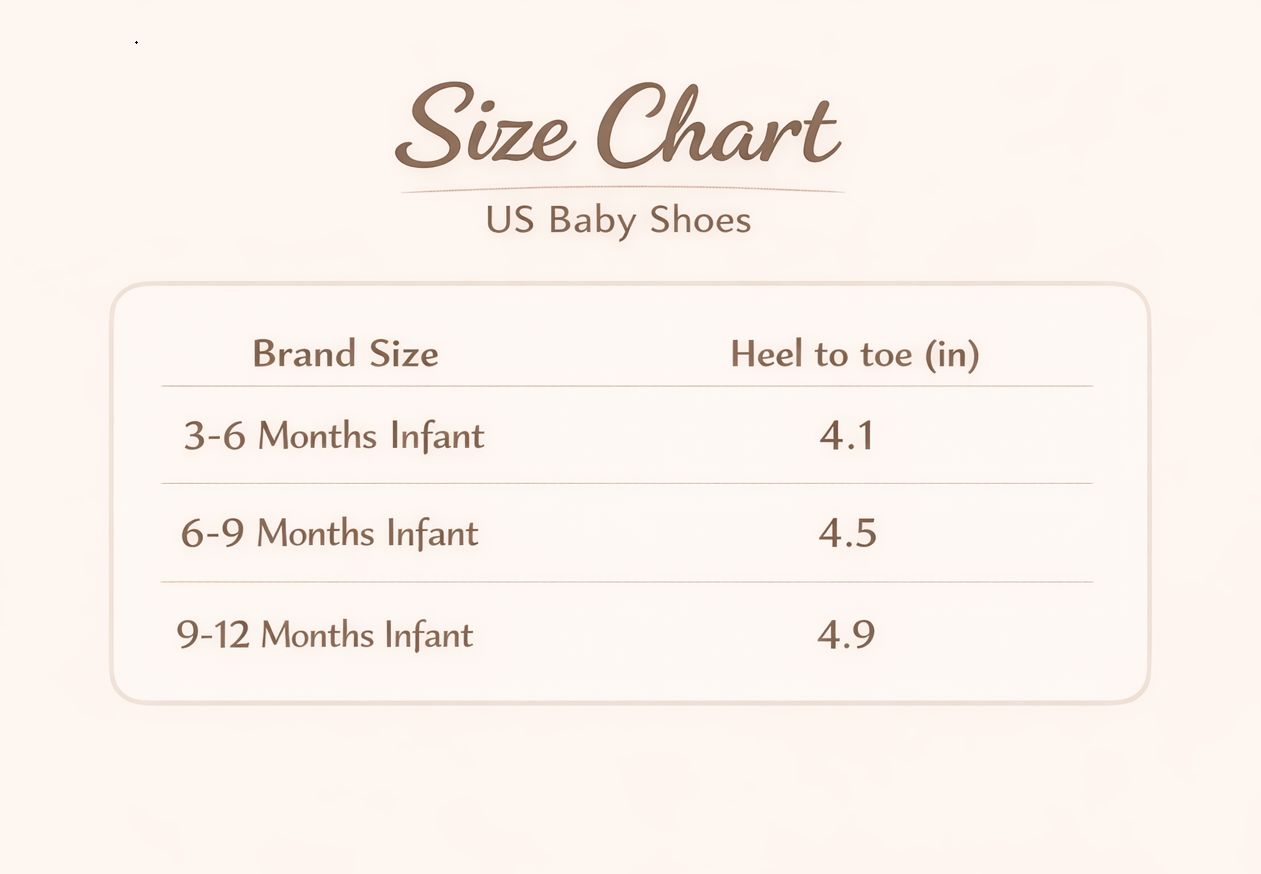 Cradlora baby shoe size chart with heel-to-toe measurements